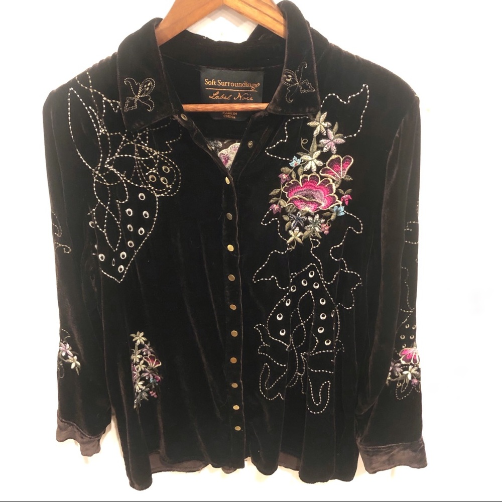 Soft Surroundings “Label Noir”  Velvet Button-Down Embroidered Shirt
